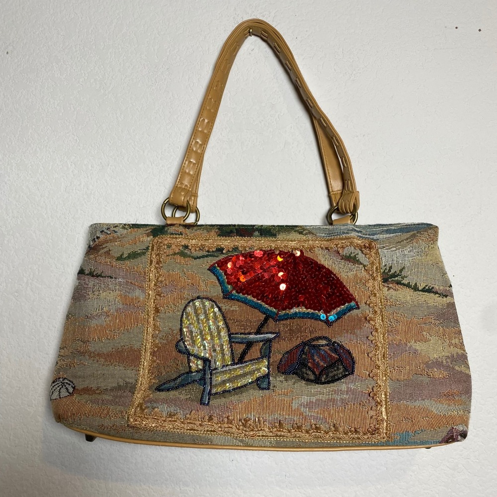 Tapestry Beach Scene Tote Bag Sequins‎ Artsy Whimsical Novelty Coastal Resort